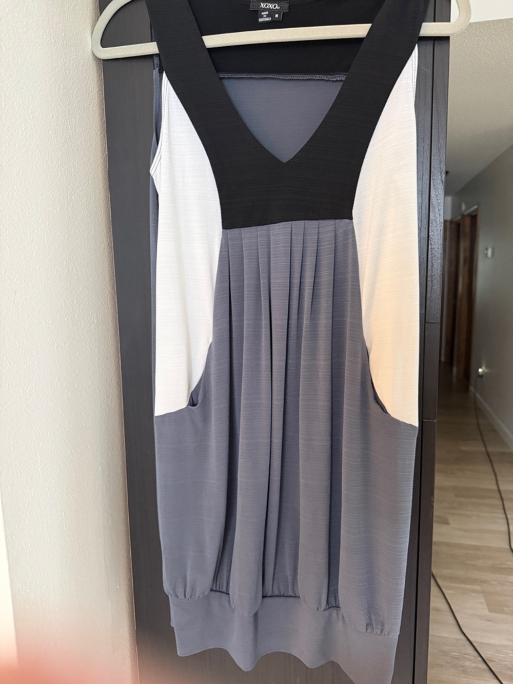 XOXO Colorblock V-Neck Midi Dress in Black, Gray & White